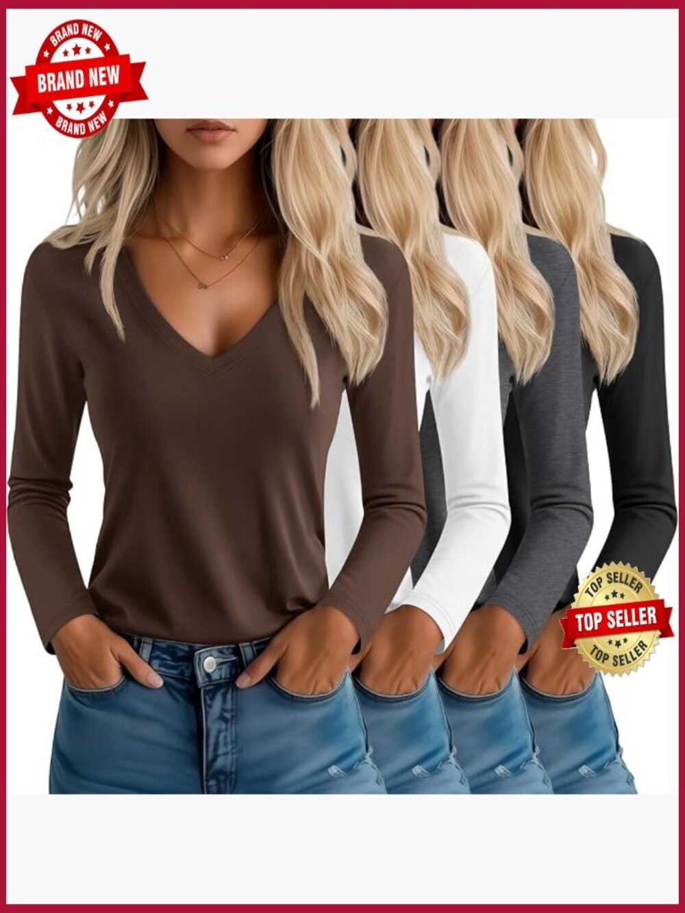 4 Pack Women's V Neck Long Sleeve Casual Tops Loose Fit Layering Shirts